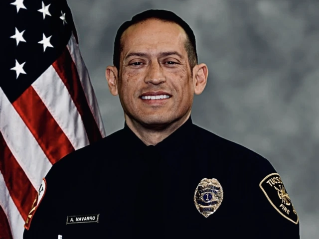 Picture of Alejandro in front of an American flag dressed in his first responder uniform