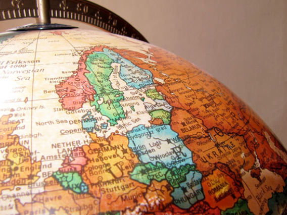 Photo of a globe showing European region